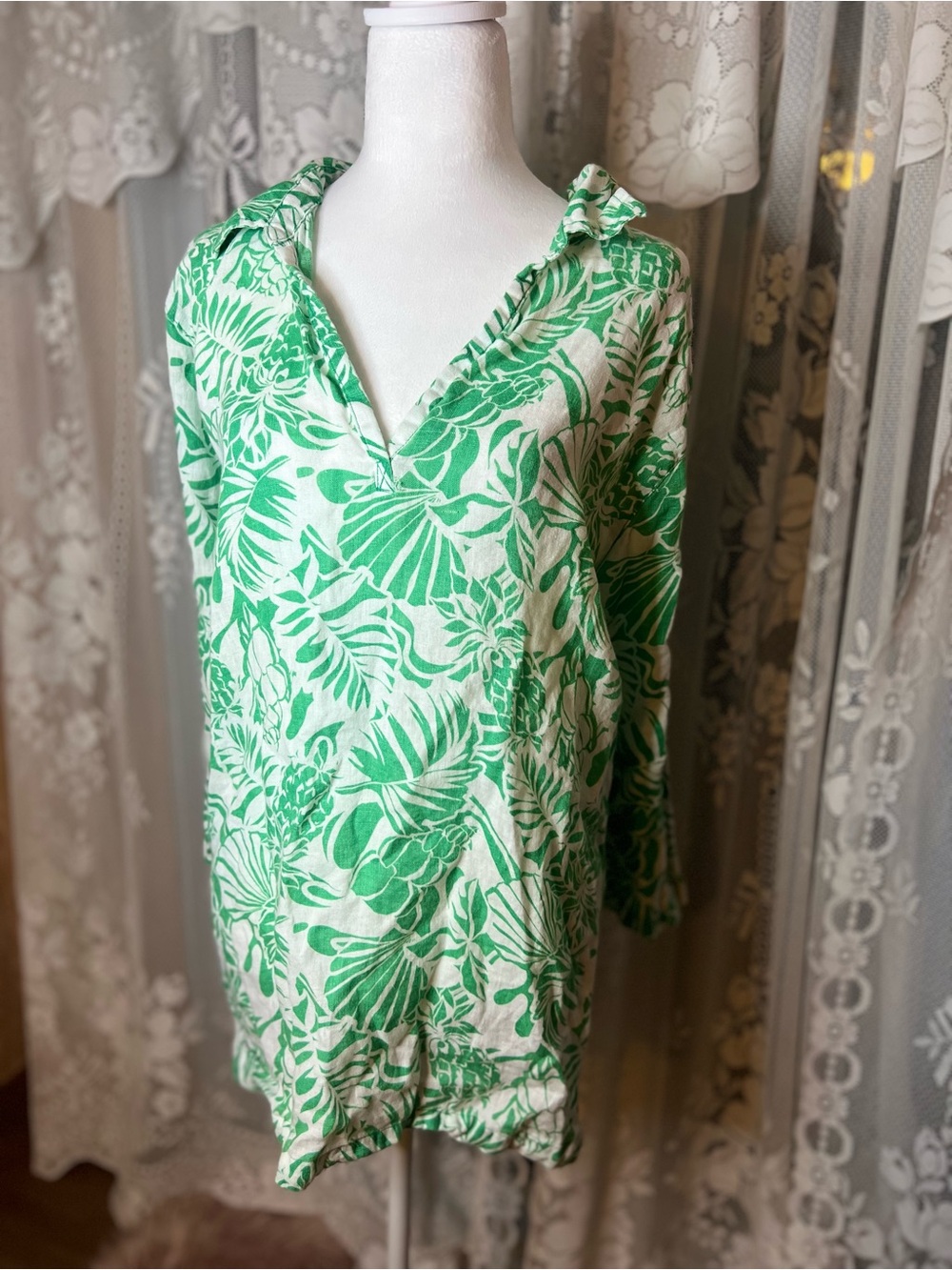 Relaxed Green Tropical Print Linen Tunic